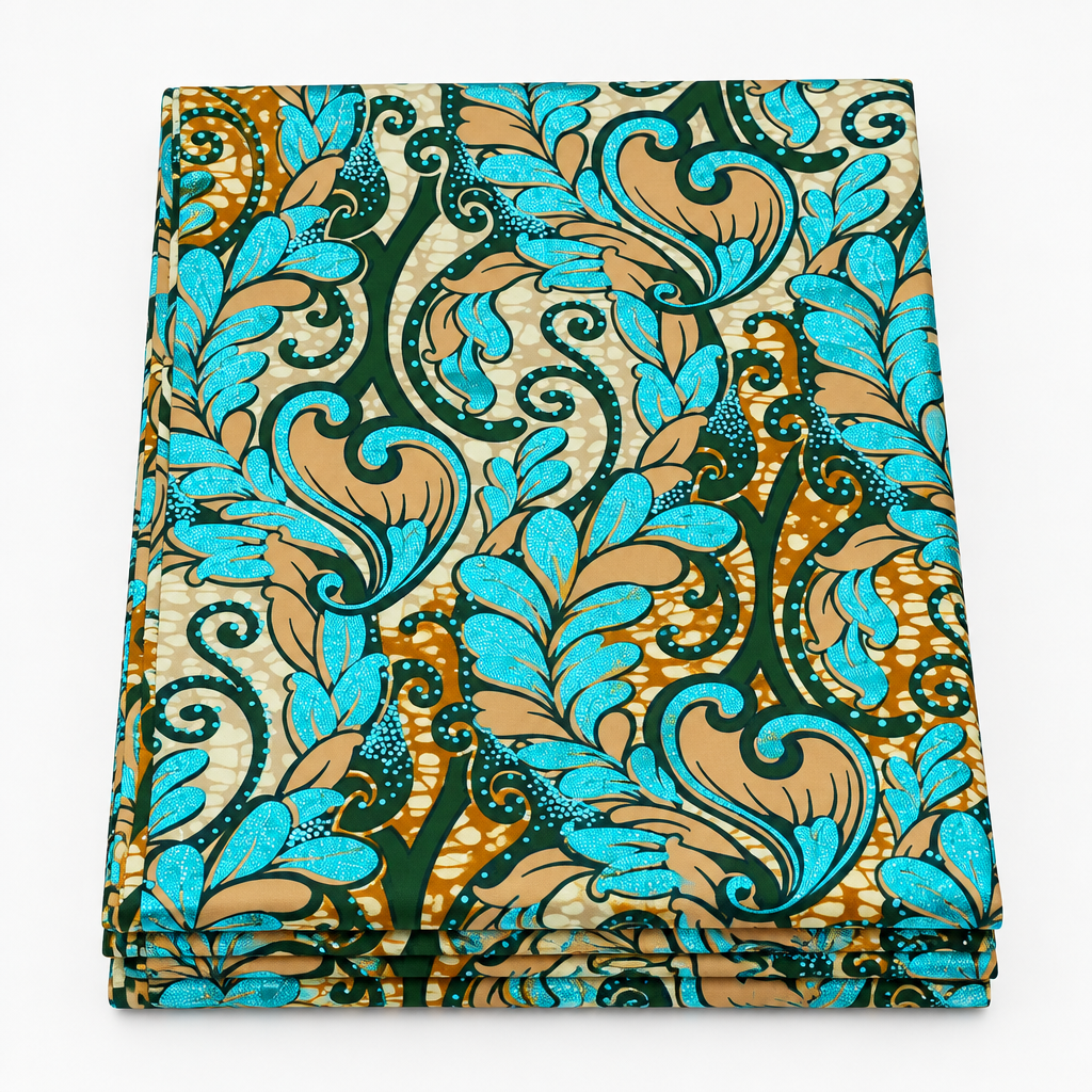 Turquoise Paisley Leaf Ankara wax print fabric, folded
