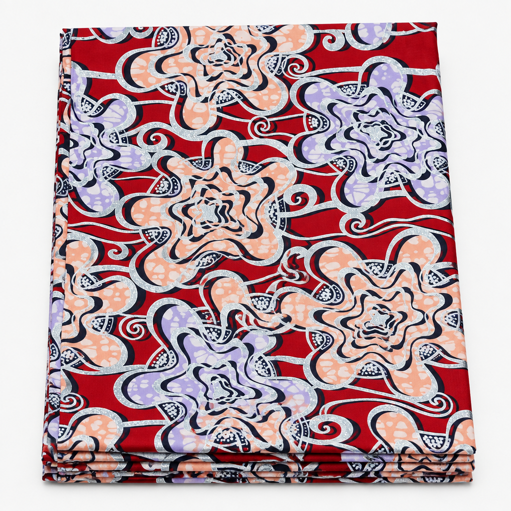 Crimson Swirl Bloom Ankara wax print fabric, folded