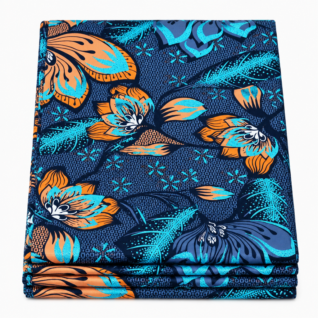 Midnight Tropic Leaf Ankara wax print fabric, folded