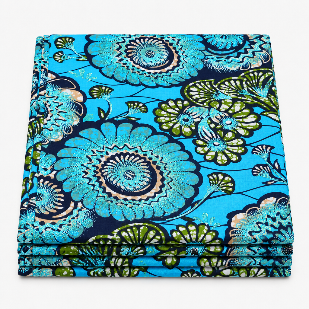 Azure Medallion Bloom Ankara wax print fabric, folded