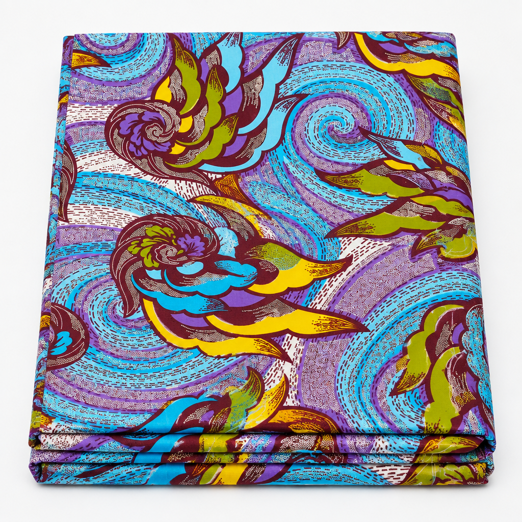 Royal Peacock Swirl Ankara wax print fabric, folded