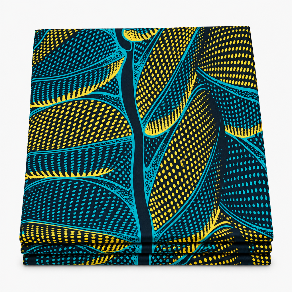 Teal Leaf Pulse Ankara wax print fabric, folded