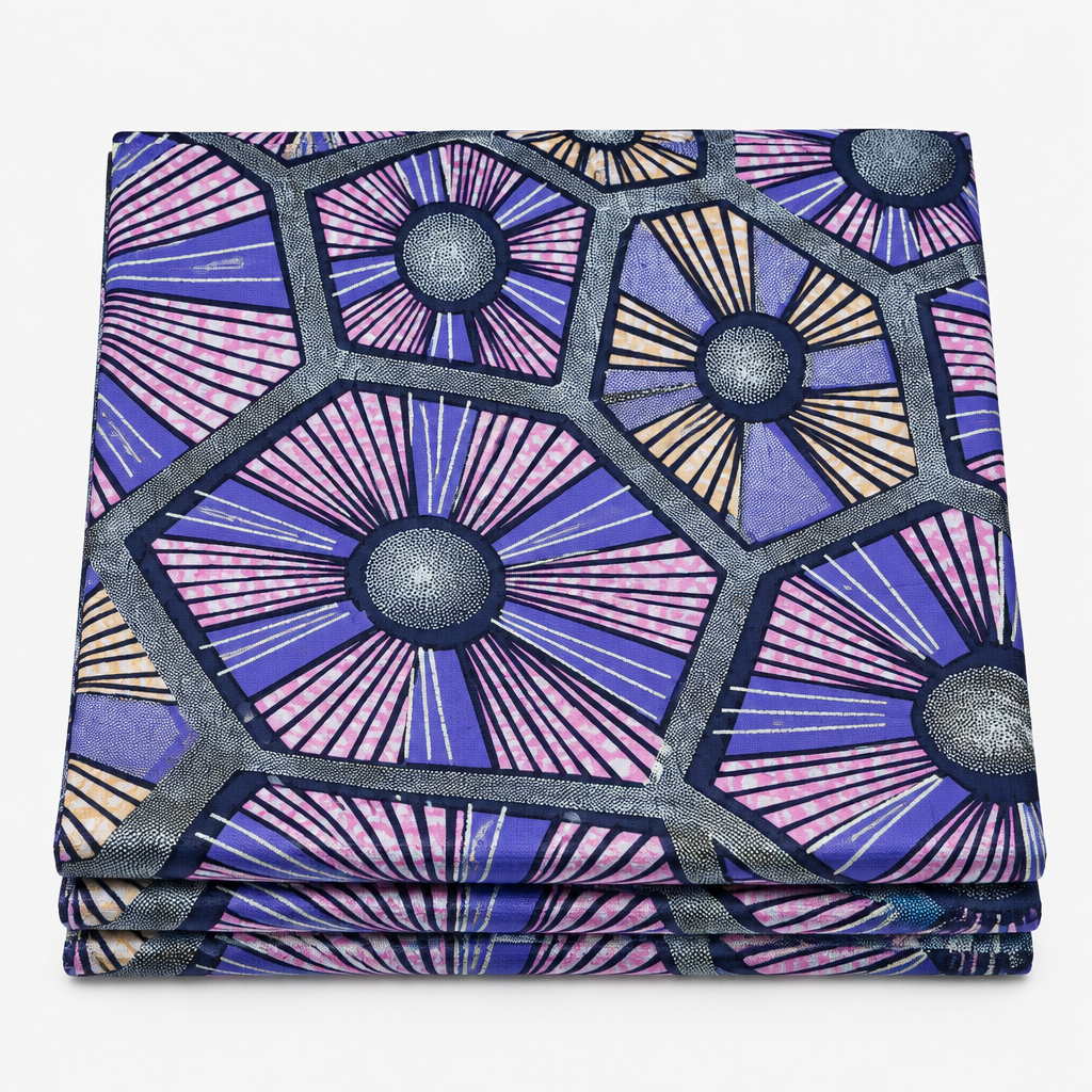 Violet Sunburst Web Ankara wax print fabric, folded