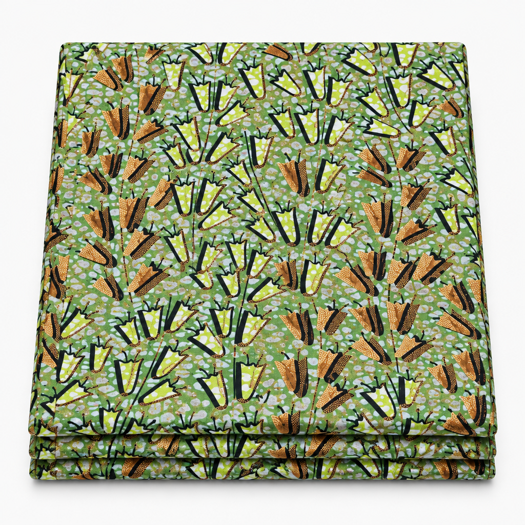 Olive Tulip Meadow Ankara wax print fabric, folded