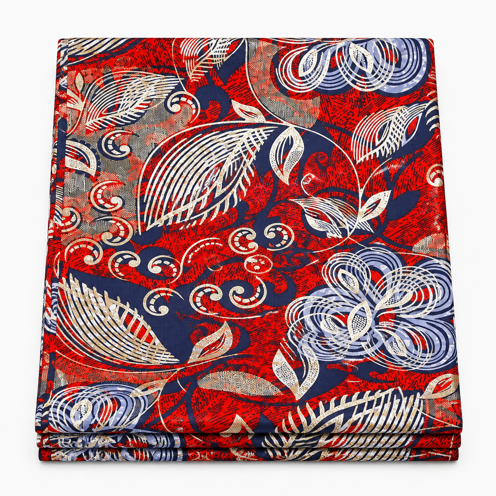 Scarlet Feather Bloom Ankara wax print fabric, folded